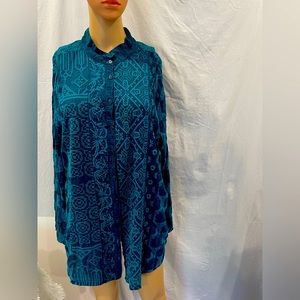 Vibrant blue green button up womens blouse.
